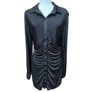 With Jean Andy Mini Dress Long Sleeve Full Button Stretch XL Black Holiday Party